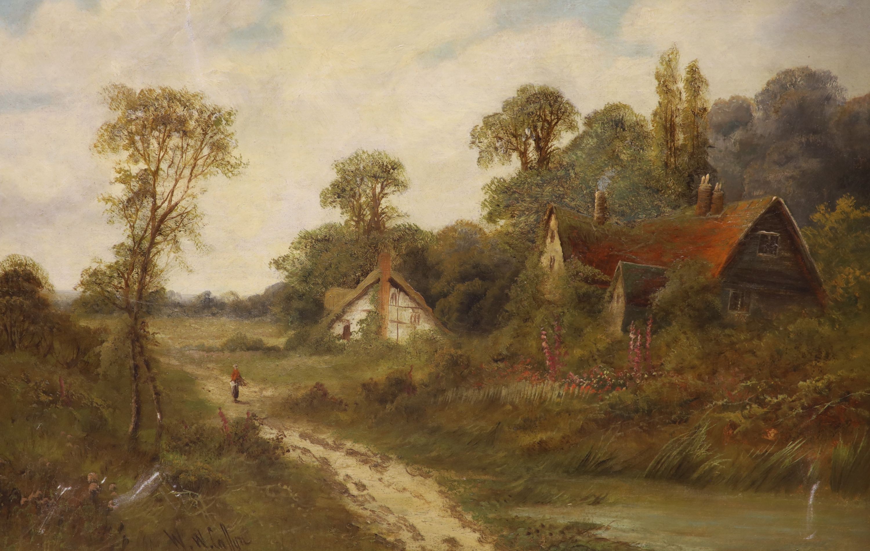 Walter Wallor Caffyn (1845-1898), oil on canvas, Woman with faggots passing a cottage, signed, 40 x 60cm.